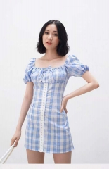 One shoulder blue plaid bubble sleeve small fresh 