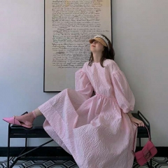 Pink jacquard lantern sleeve dress   medium length