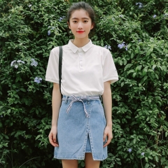 学院风polo衫女夏小清新ins短袖短款t恤翻领纯棉上衣