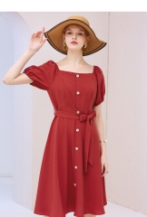 Baitu red Hepburn dress French retro light familia