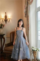 Vintage dress with straps Blue haze S