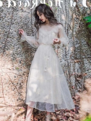 Bubble sleeve embroidered two-piece dress Apricot 