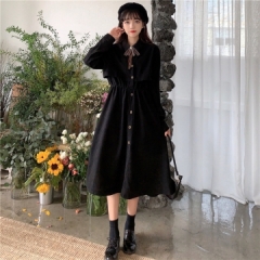 大码女装胖妹没秋季新款长袖连衣裙收腰法式小众气质长裙 黑色酒红色 黑色  酒红色 L XL XXL 