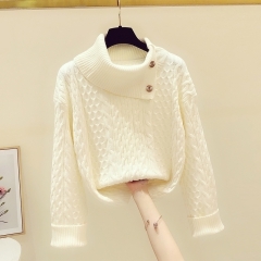 2020秋冬新款不规则大翻领麻花粗线针织毛衣女复古套头宽松上衣潮