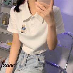 美式小熊短款白色T