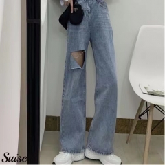 新款显瘦高腰破洞女牛仔裤