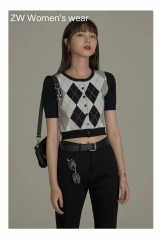 Diamond Check Short Sleeve Knit Cardigan Jacket Bl